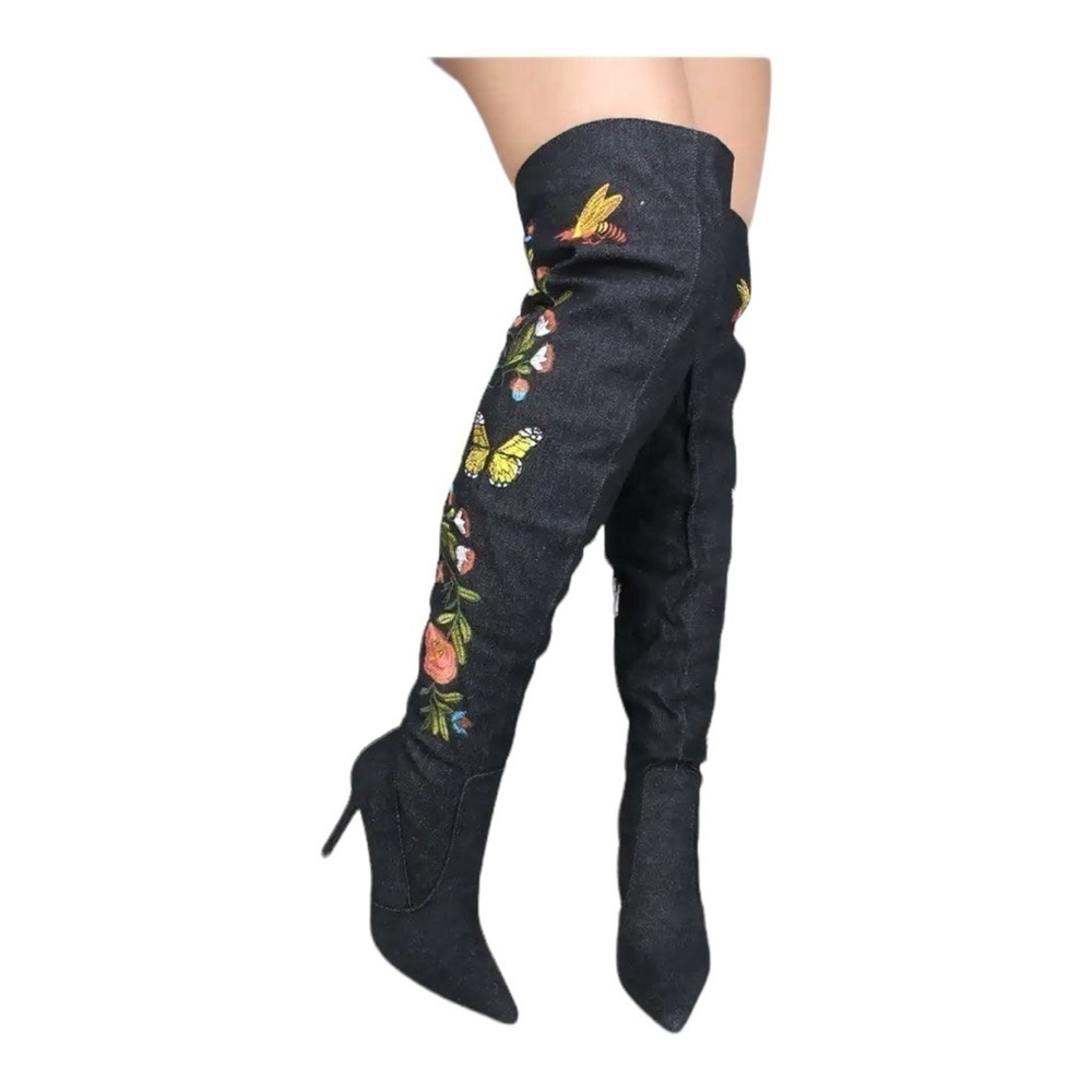 Vintage Denim Over the Knee Slouchy Boot Embroidered Butterflies Point Toe Size7